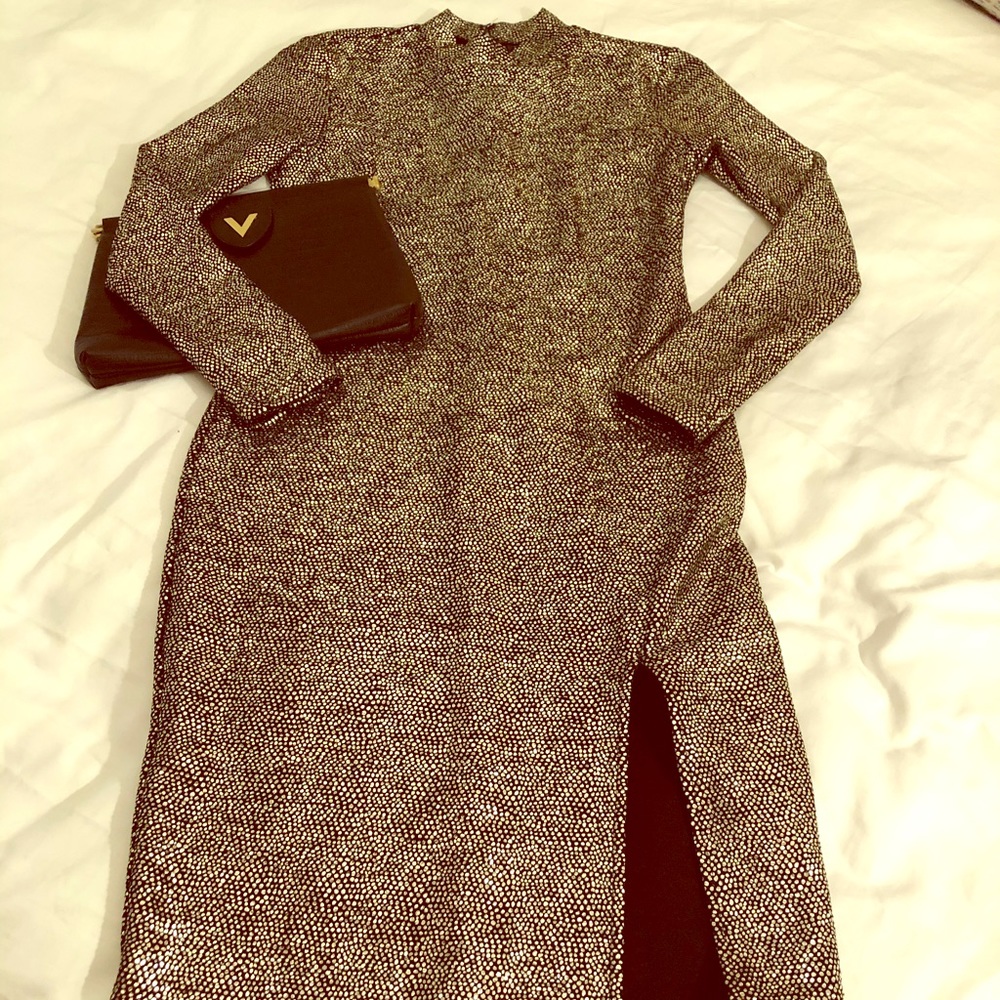 TopShop gold and black fitted midi dress